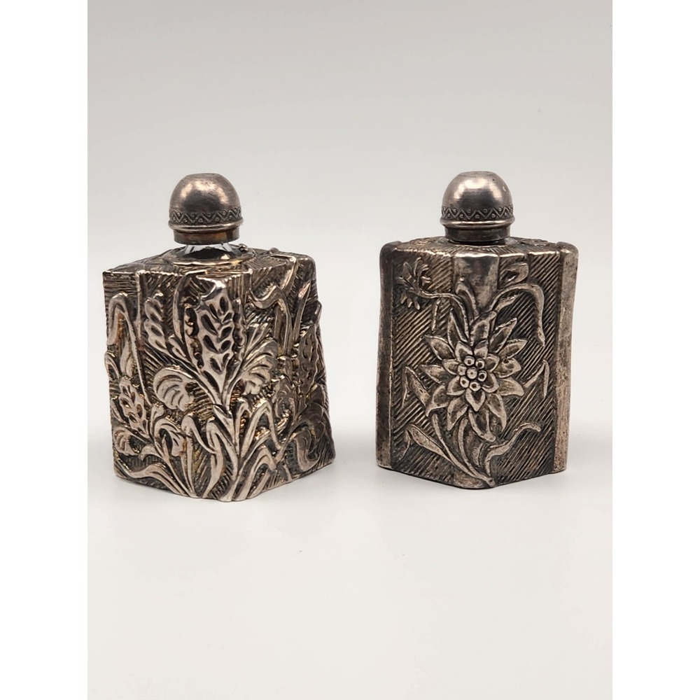 Vintage Silver Tone Repousse Floral Metal‎ Perfume Bottles Set of 2 Botanical